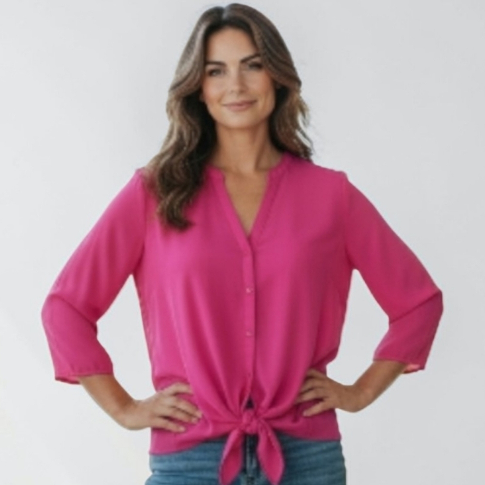 💗Sheer Hot Pink Peter Nygard Tie Blouse